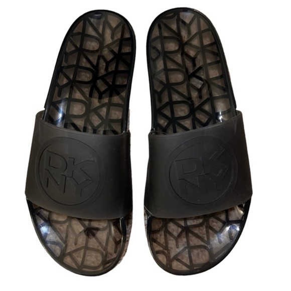 NWOT DKNY Women's Black Jelly Logo-Appliquéd Rubber Slides 9 Med Casual Sandals - Picture 1 of 7